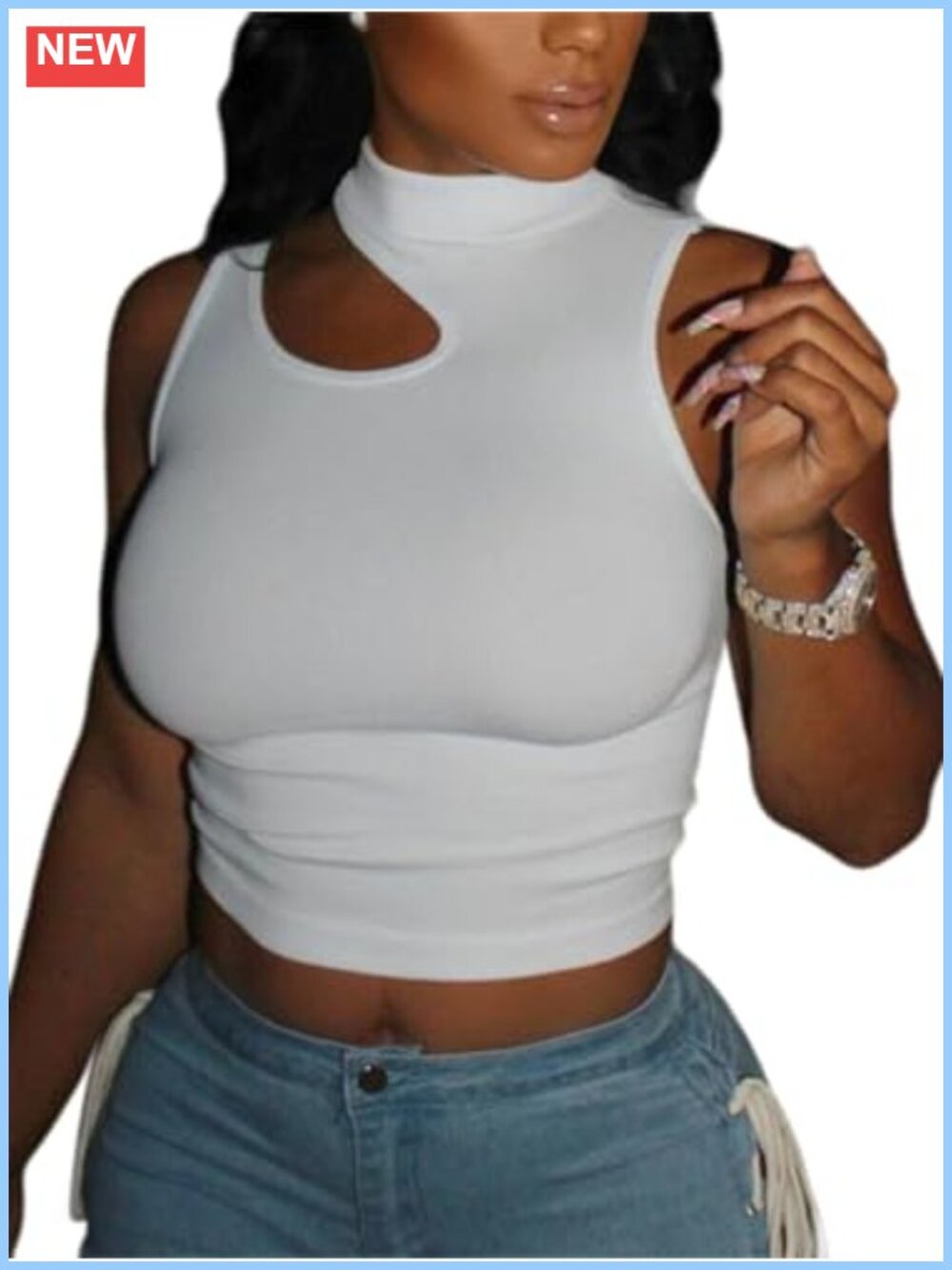 Cut Out Crop Top Sleeveless Mock Neck Slim Fit Stretchable Pull On